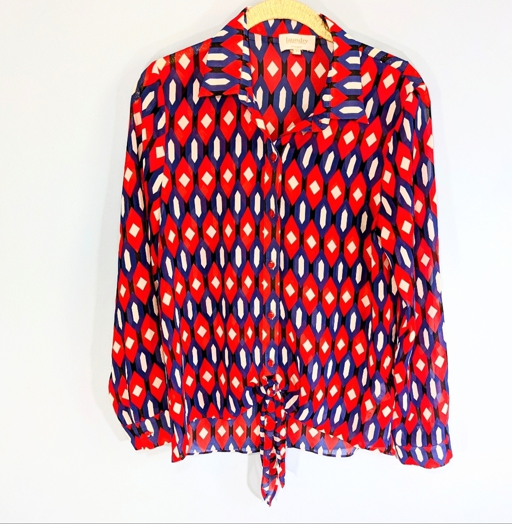 Laundry Shelli Segal Geometric Print Tie Waist Lightweight Button Down Blouse